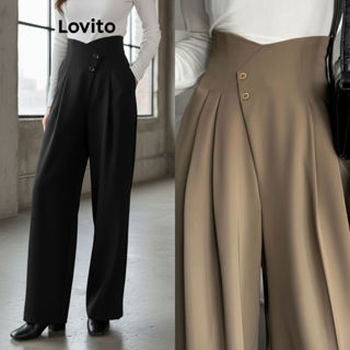 Lovito กางเกงผู้หญิง ทรงหรูเดรป มีกระเป๋า กระดุมเรียบ L71ED1…