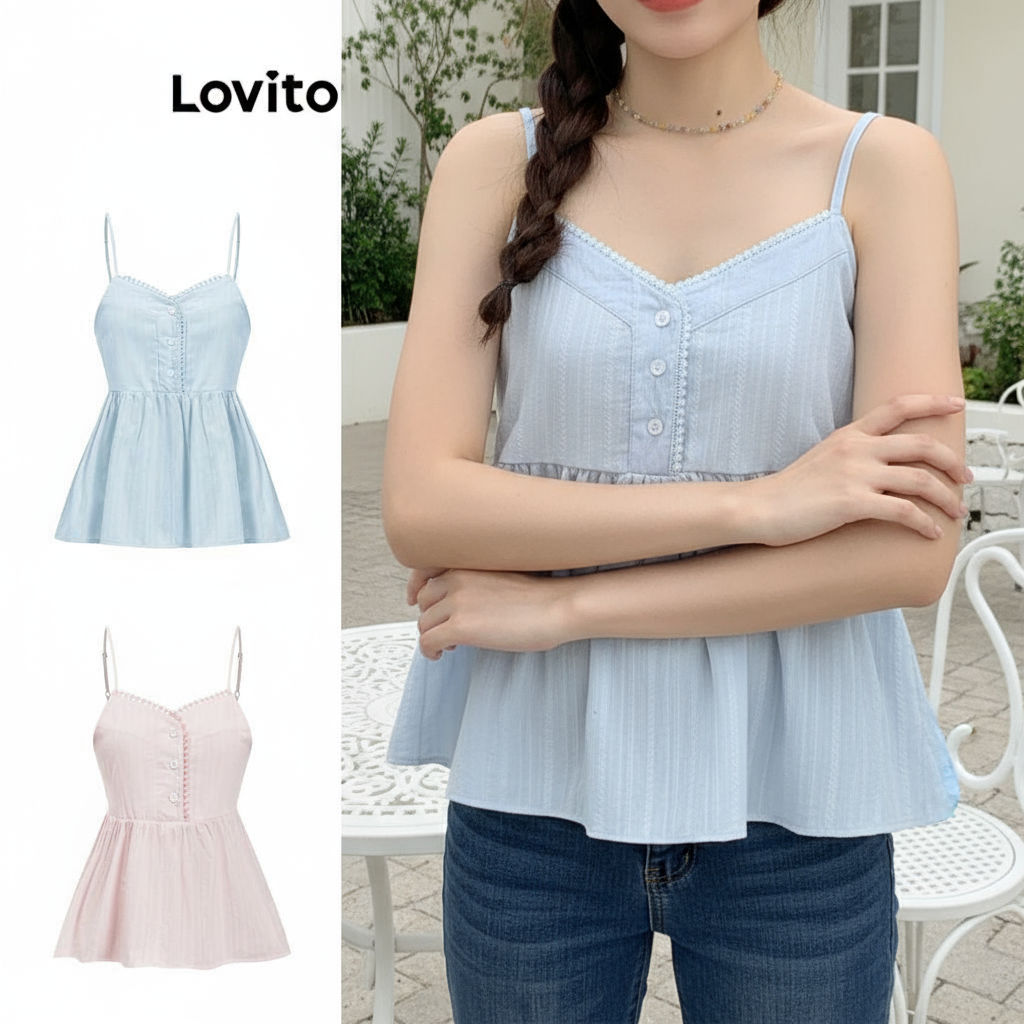 Lovito เสื้อกล้ามน่ารัก เสื้อกล้ามกระดุมคอระบายธรรมดาสําหรับผู้หญิง L79AD025 (หลากสี)\5
