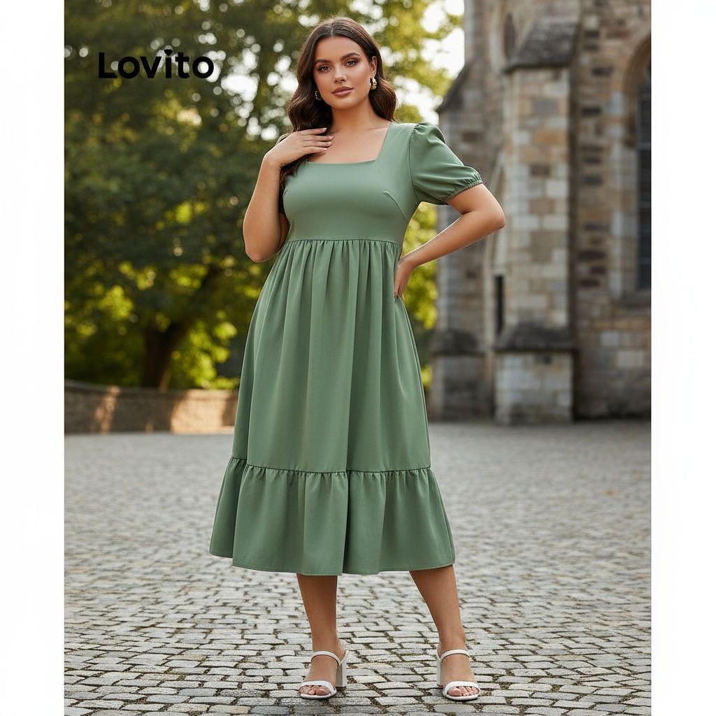 Lovito เดรสพลัสไซส์ผู้หญิง แขนพอง คอเหลี่ยม แต่งซิป สีพื้น สไตล์ลําลอง ทรงโค้ง LPS05023 (สีเขียว)