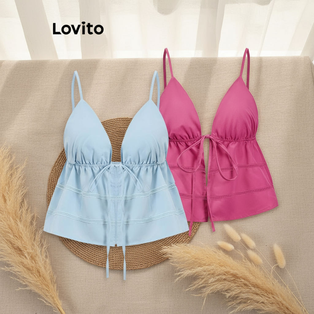 (trendy3)Lovito เสื้อกล้ามลําลองคอระบายธรรมดาลูกไม้ขึ้นเสื้อกล้ามเดรปสําหรับผู้หญิง L90AD016 (หลากสี