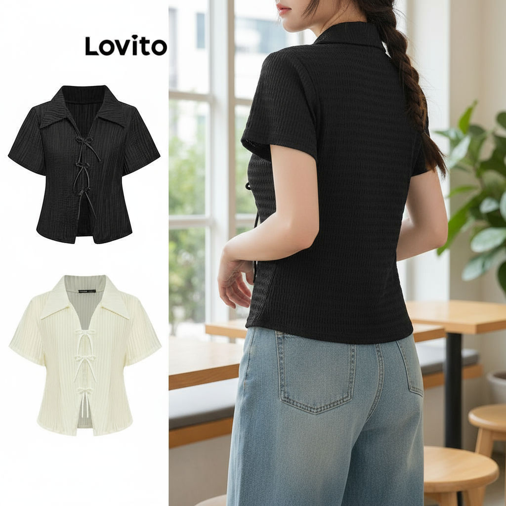 Lovito เสื้อยืดผู้หญิงฤดูร้อน ผ้าแจ็คการ์ด ประดับโบว์น่ารัก L87ED028 (หลากสี)\4