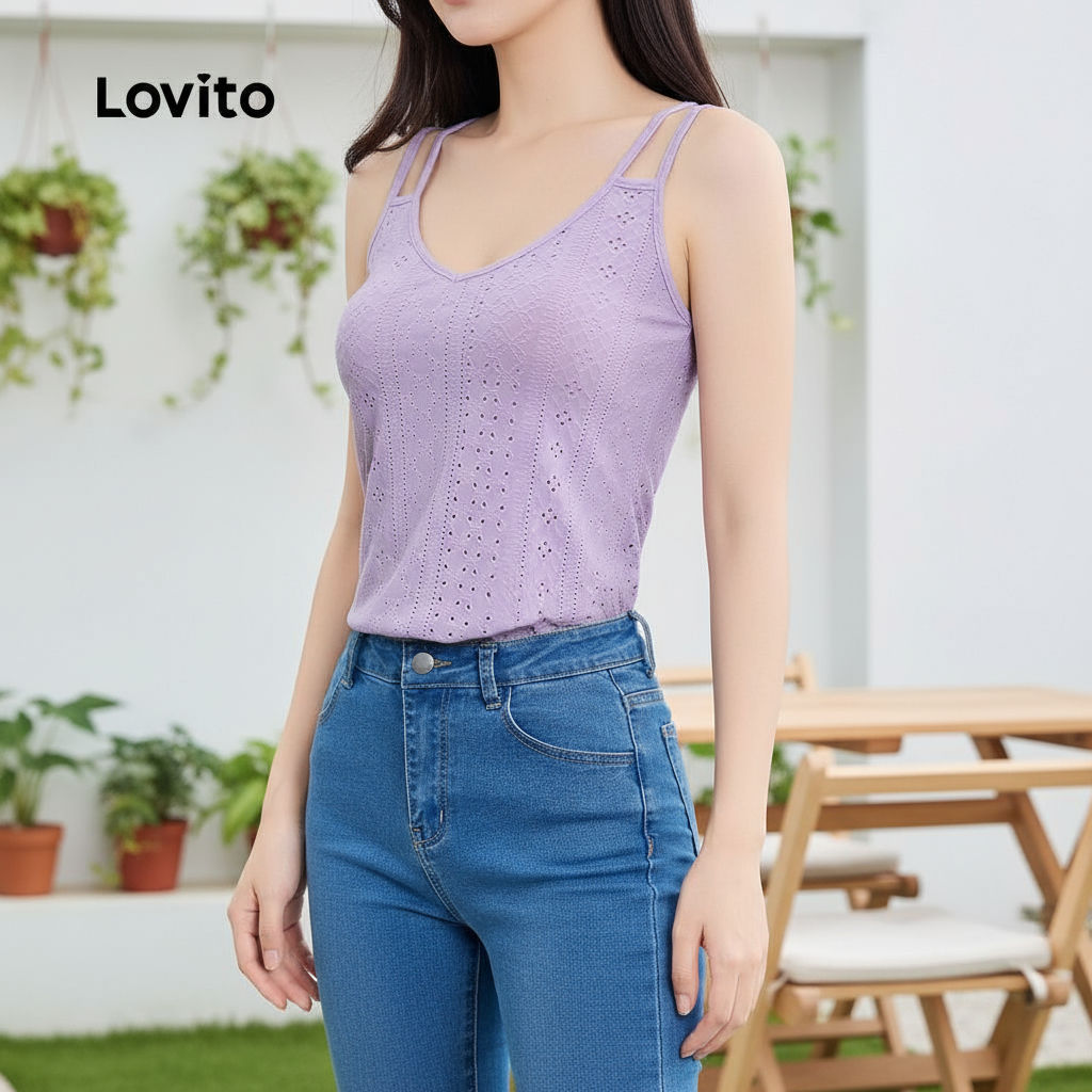 Lovito เสื้อแขนกุดผู้หญิง ผ้าแจ็คการ์ด ดีไซน์ไหล่เย็น ใส่สบาย L129ED657\5