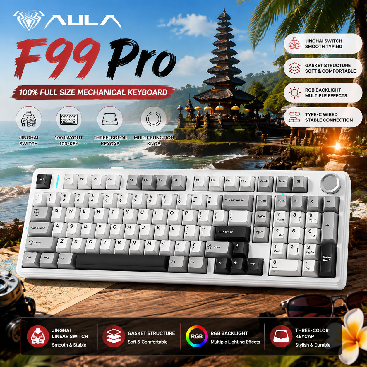 คีย์บอร์ดกลไก AULA F99 Pro แบบ 3 โหมด ไฟ RGB ดีไซน์ตามหลักสรีรศาสตร์ มี 100 ปุ่ม สําหรับเล่นเกมบนพีซ
