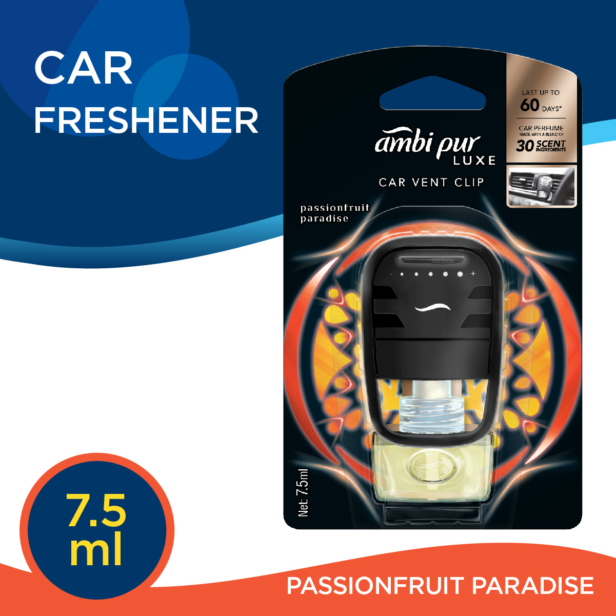 Ambi Pur แอมบิเพอร์ น้ำหอมปรับอากาศในรถ คาร์ คลิป หอมนาน 7.5มล. Car Air Freshener Clip 7.5ml Passionfruit Paradise