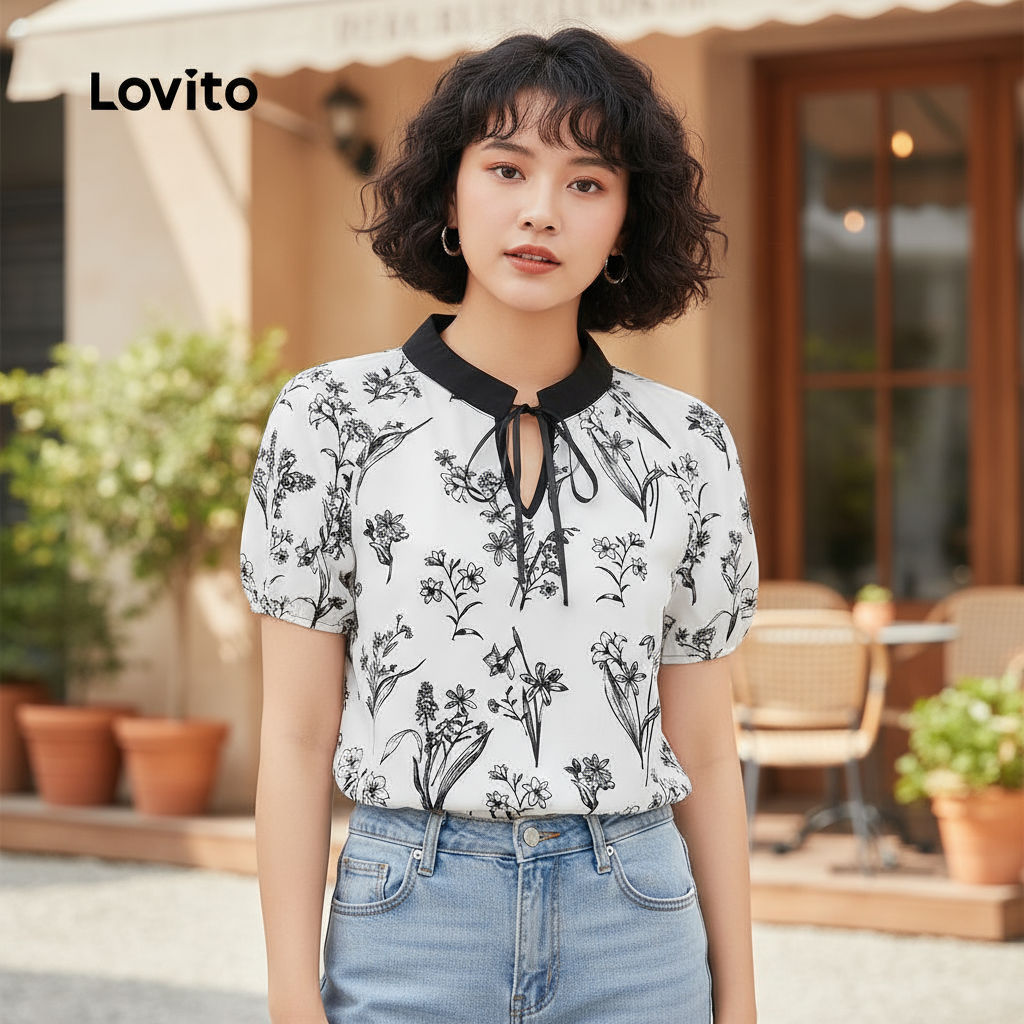 Lovito เสื้อเบลาส์ผู้หญิง ผ้าลูกไม้ สีตัดกัน สไตล์ Boho สําหรับฤดูใบไม้ผลิ/ฤดูร้อน L137ED015