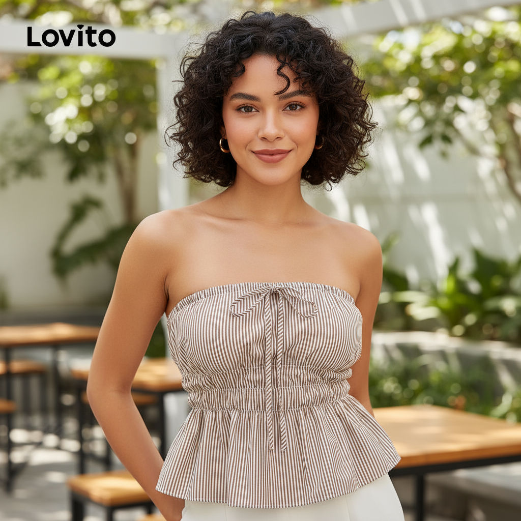 Lovito เสื้อแขนกุดผู้หญิงลายทางฤดูร้อน ผูกเชือกด้านหน้า L116LD255