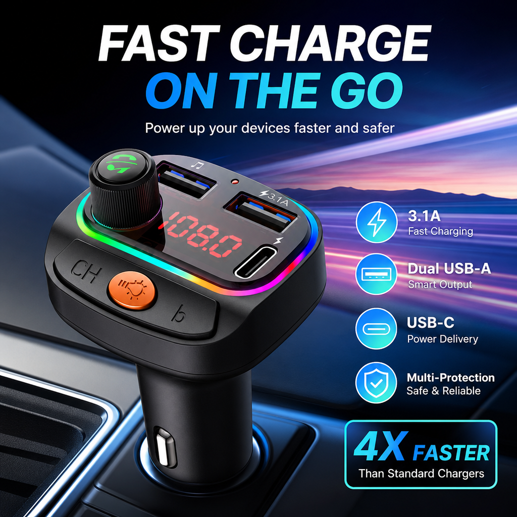 BLUETOOTH 5.0 เครื่องส่งสัญญาณ Fm แฮนด์ฟรีในรถยนต์ USB Charger 22.5w Quick Charge 3.0 Type-c Fm Modu