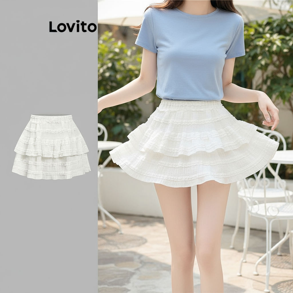Lovito กระโปรงผู้หญิง ชายระบาย สไตล์ลําลอง สําหรับสุภาพสตรี L88AD161\4