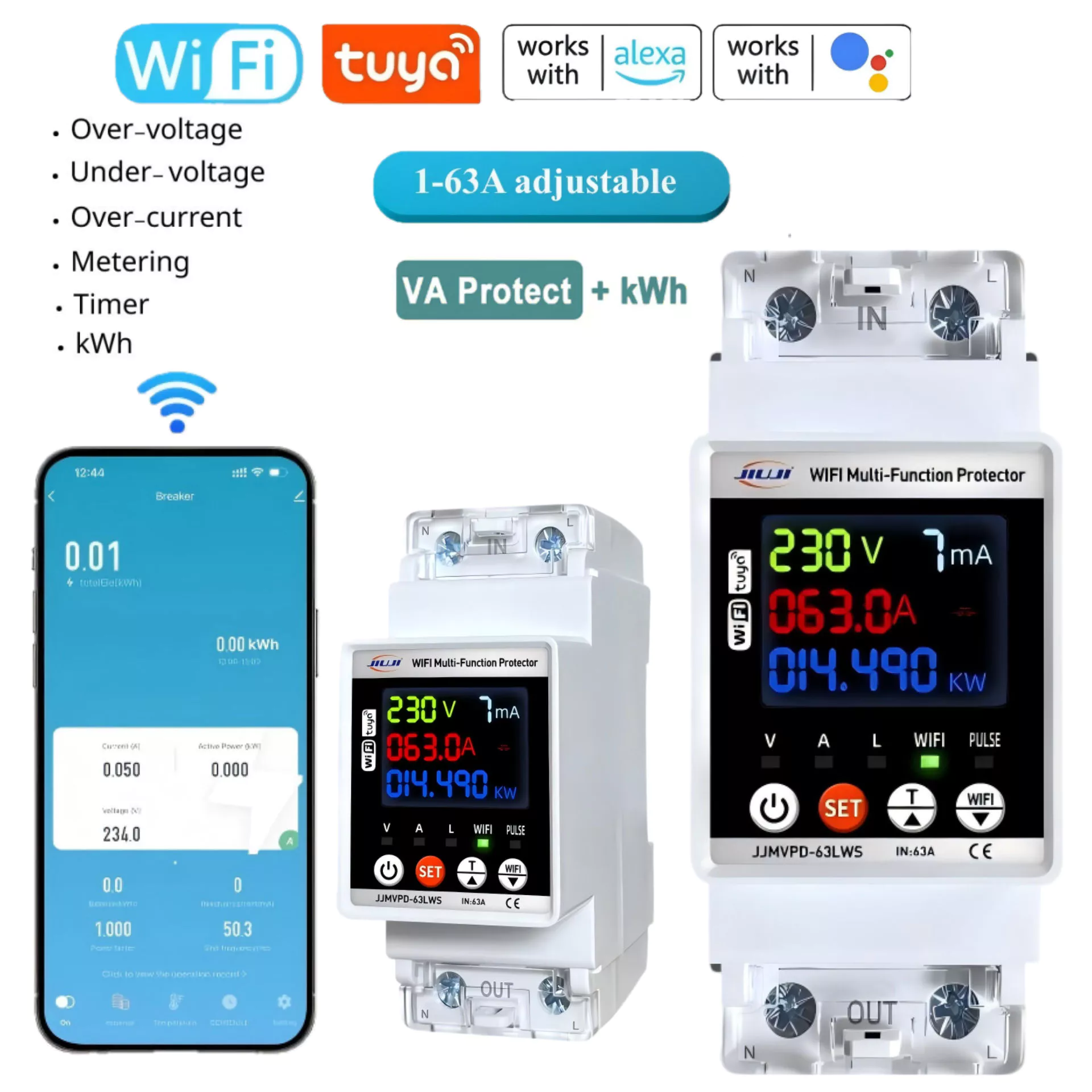 สมาร์ทสวิทช์สําหรับ Tuya MCB รีโมทเปิดปิด 63A Circuit Breaker จับเวลาป้องกันการรั่วไหล Wifi Timer แรงดันไฟฟ้า Protector พร้อม Power On Delay