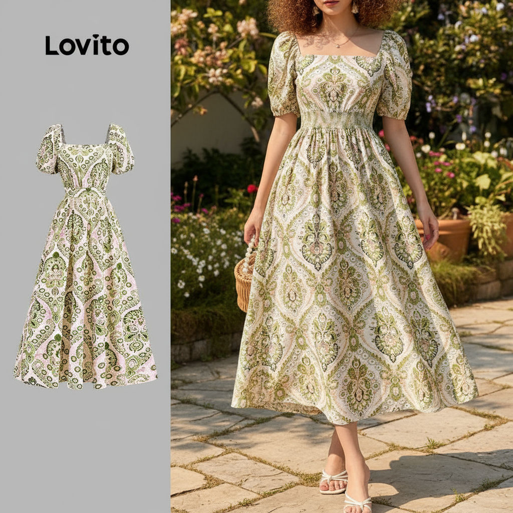 Lovito ชุดเดรสสไตล์โบฮีเมียนสำหรับคริสต์มาส/ปาร์ตี้ ทรงเข้ารูป เดรสฤดูใบไม้ผลิ/ฤดูร้อนสำหรับผู้หญิง 