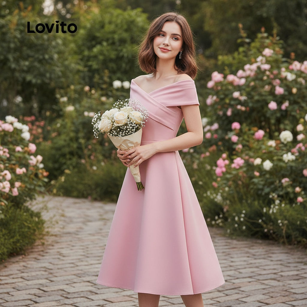 Lovito สง่างาม ชุดเดรสผู้หญิงหรูหรา ผ้าพับลาย สีชมพู คอลเลกชันฤดูใบไม้ผลิ/ฤดูร้อน รุ่น L155ED217
