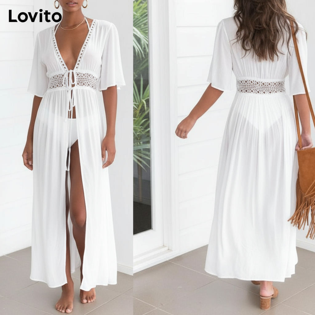 Lovito เสื้อกิโมโนหญิง ผ้าตัดต่อ สีพื้น ทรงลําลอง LNE60448\6