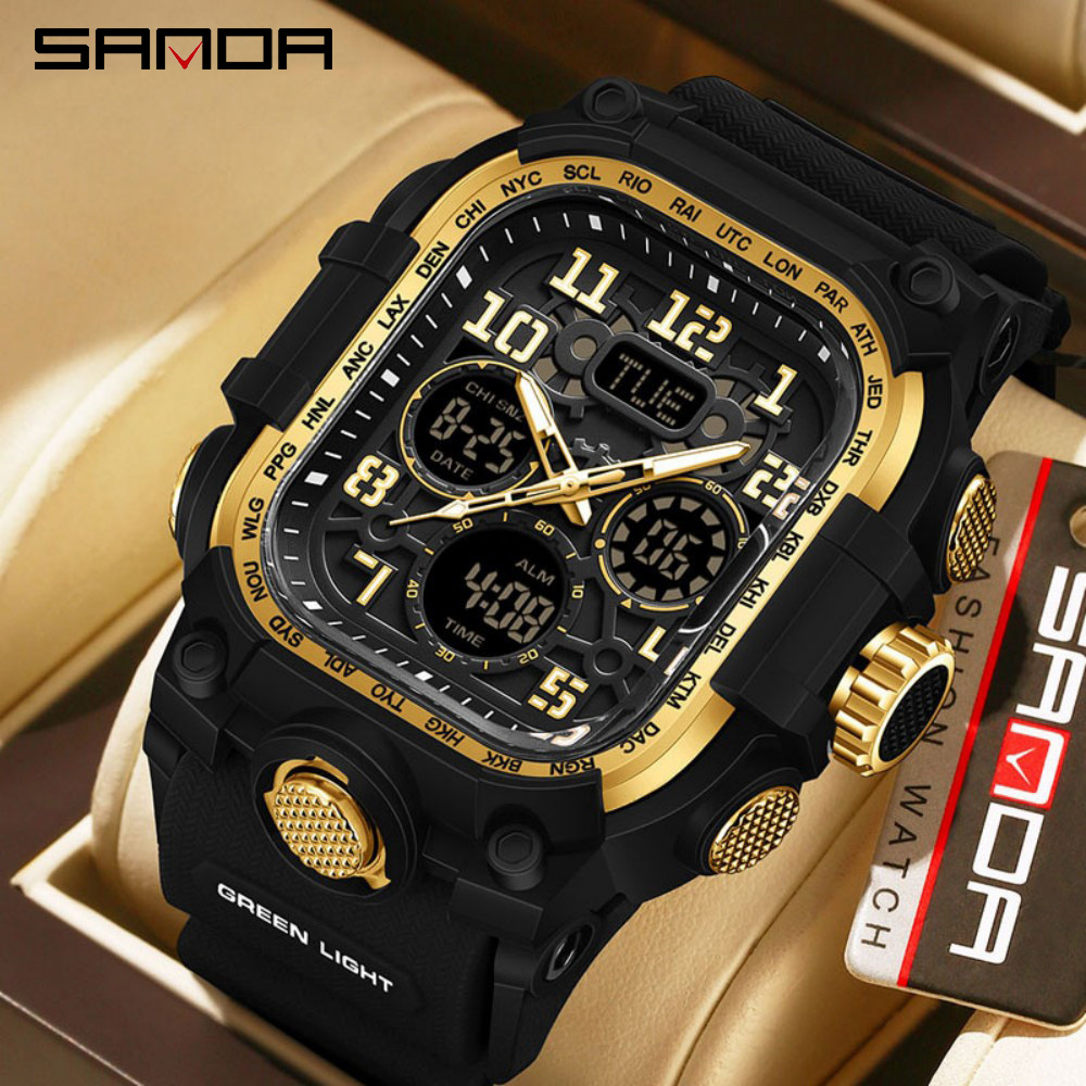Sanda 6357 Mens Dual Display Watch กันน้ํา Multi-function 3 Time Zones Snooze Alarm (พร้อมกล่องไม่มี