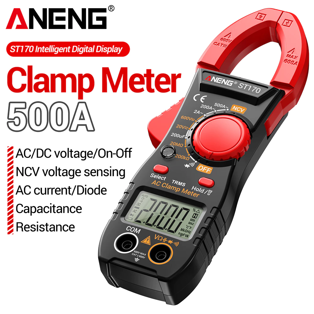 ANENG หนึ่งชุด ST170 แคลมป์มิเตอร์ดิจิตอล, 1999 นับแรงดันไฟฟ้า AC/DC NCV ความแม่นยําสูงแบบไม่สัมผัส 500A เครื่องมือต้านทานตัวเก็บประจุไดโอด