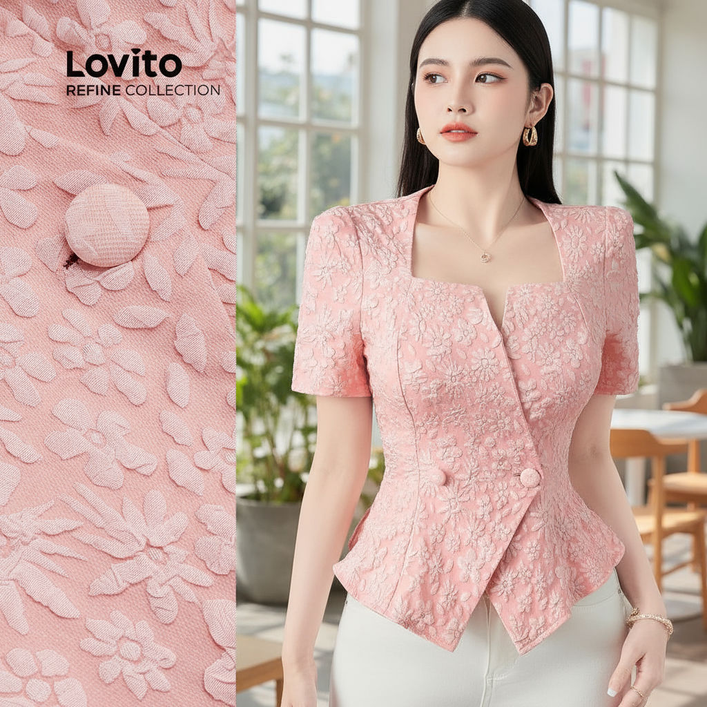 (trendy4)(Lovito Refine) เสื้อบาซ่าเรียบหรู ดีไซน์ชายระรื่น แอสมิเครอล สีชมพู สำหรับฤดูใบไม้ผลิ/ฤดูร