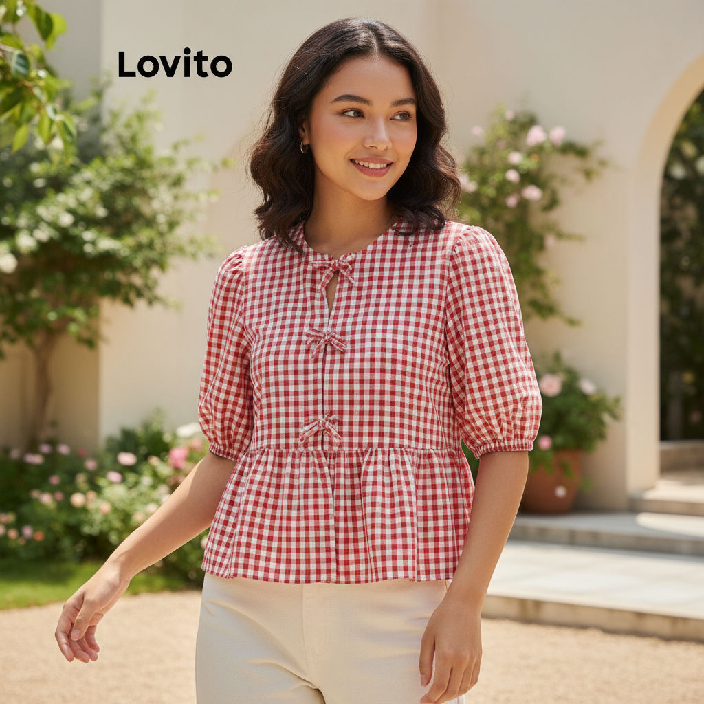 Lovito เสื้อเบลาส์ผูกโบว์หน้าลายสก็อตสุดหวานสําหรับสาว ๆ ในเทศกาลคริสต์มาส รุ่น L101AD087