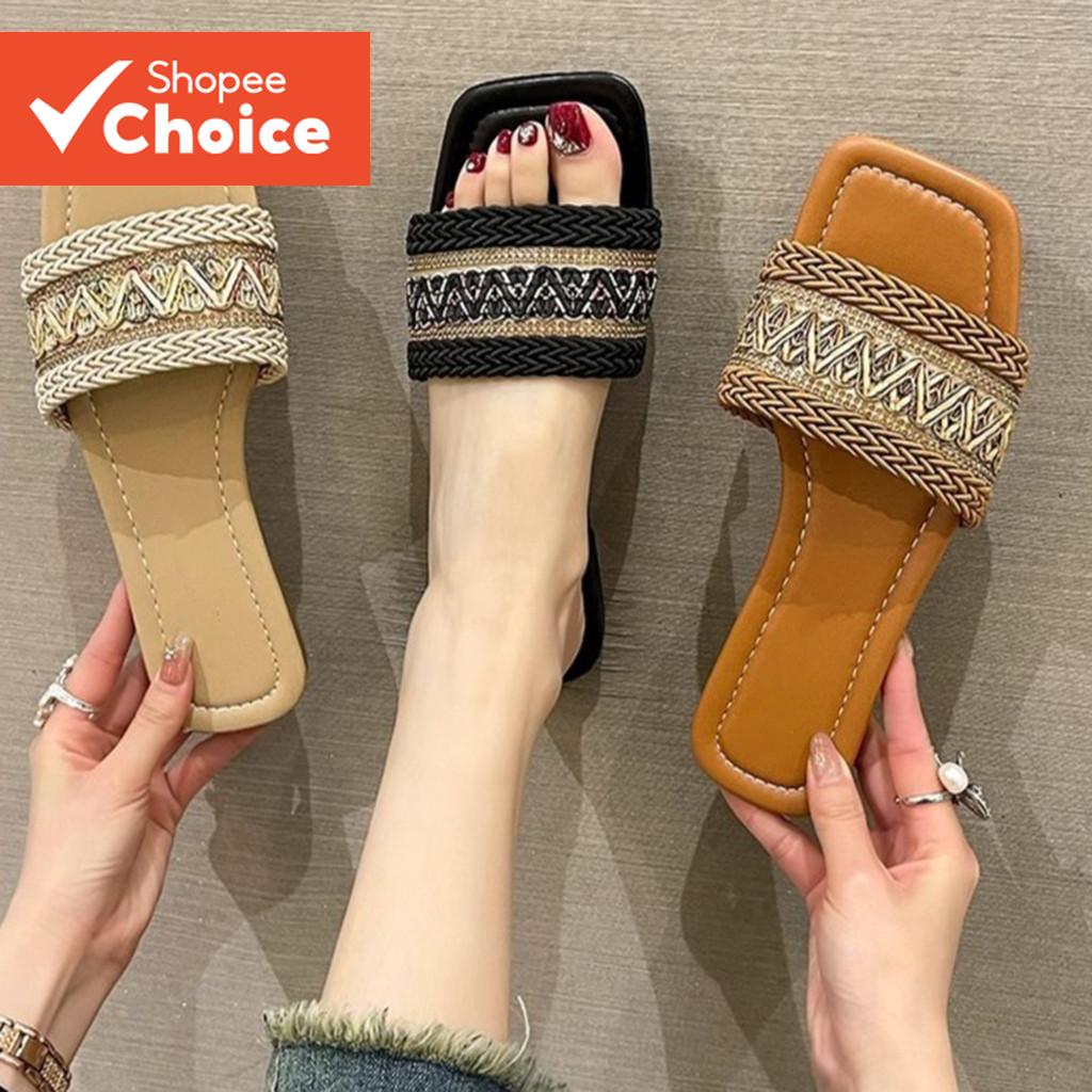 ผู้หญิง โบโฮ ธรรมดาสไตล์ชาติพันธุ์ฟางดูดซับเหงื่อสวมรองเท้าแตะนอกวันหยุดเดินทางรองเท้าแตะแบน แอลฟา76