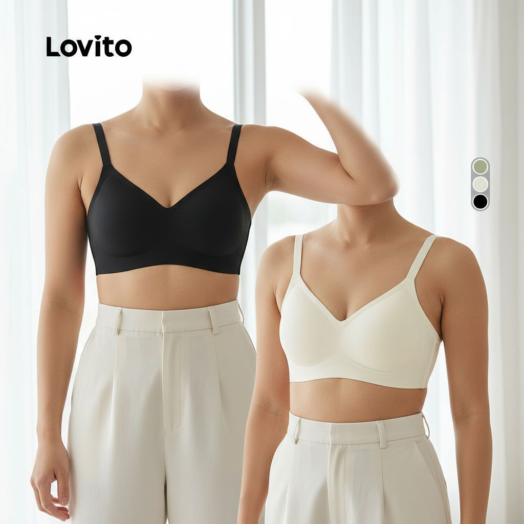 Lovito บราไร้โครงผ้าถักลายริบ นุ่มสบายผิว สําหรับผู้หญิง สีแชมเปญ รุ่น LNA104020