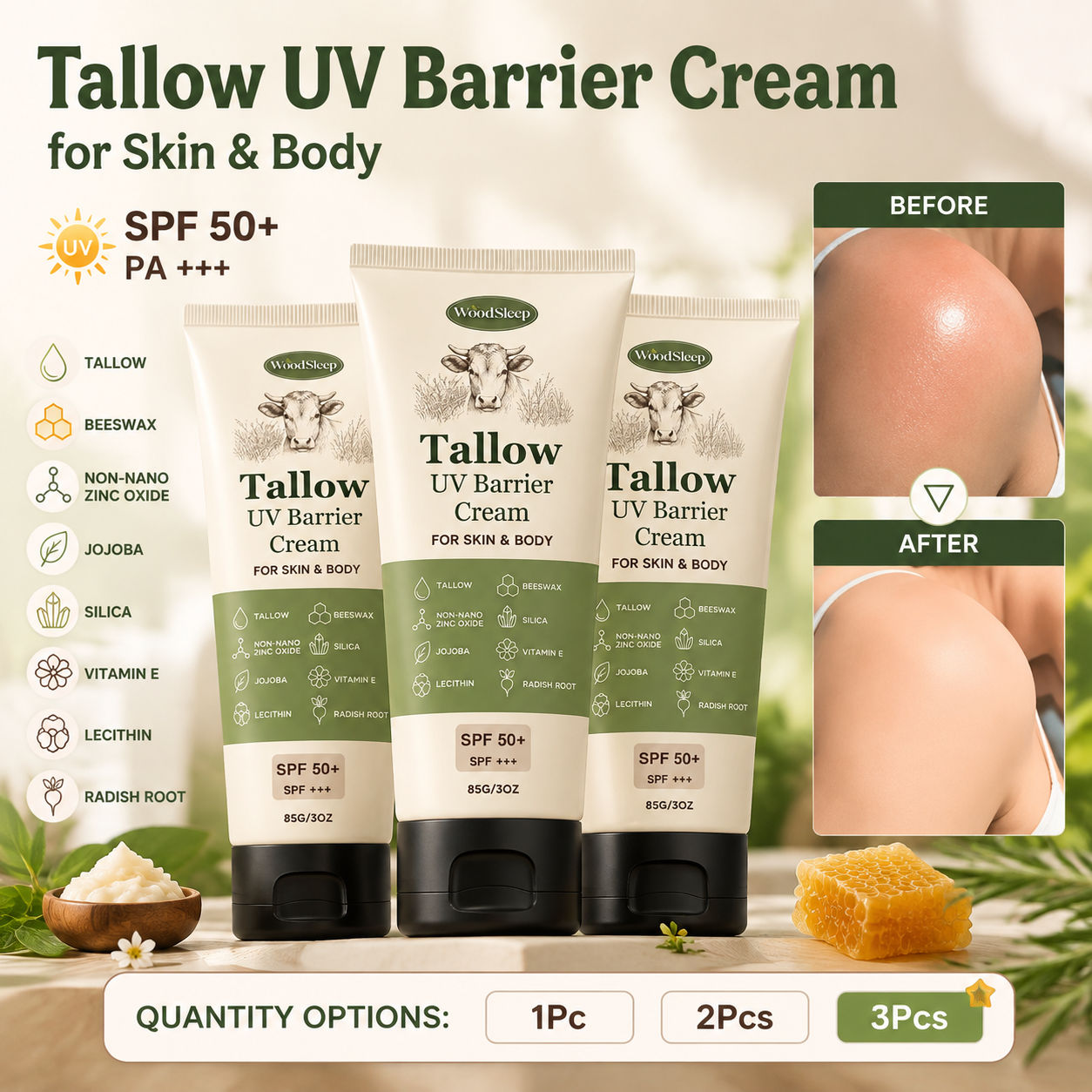 Physical Sunscreen Protective Moisturizing Cream 85g Zinc Oxide Jojoba Oil Daily Body Care