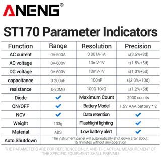 ANENG หนึ่งชุด ST170 แคลมป์มิเตอร์ดิจิตอล, 1999 นับแรงดันไฟฟ้า AC/DC NCV ความแม่นยําสูงแบบไม่สัมผัส 500A เครื่องมือต้านทานตัวเก็บประจุไดโอด