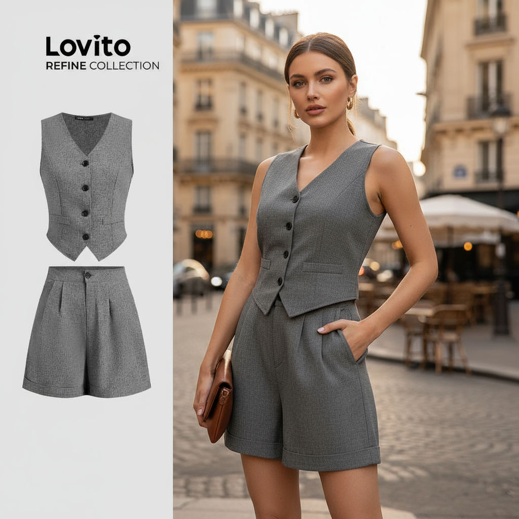 Lovito ชุดเซตกางเกงขาสั้นผู้หญิง หรูหรา แต่งกระดุม จีบระบาย ฤดูใบไม้ผลิ ฤดูร้อน LR12E018