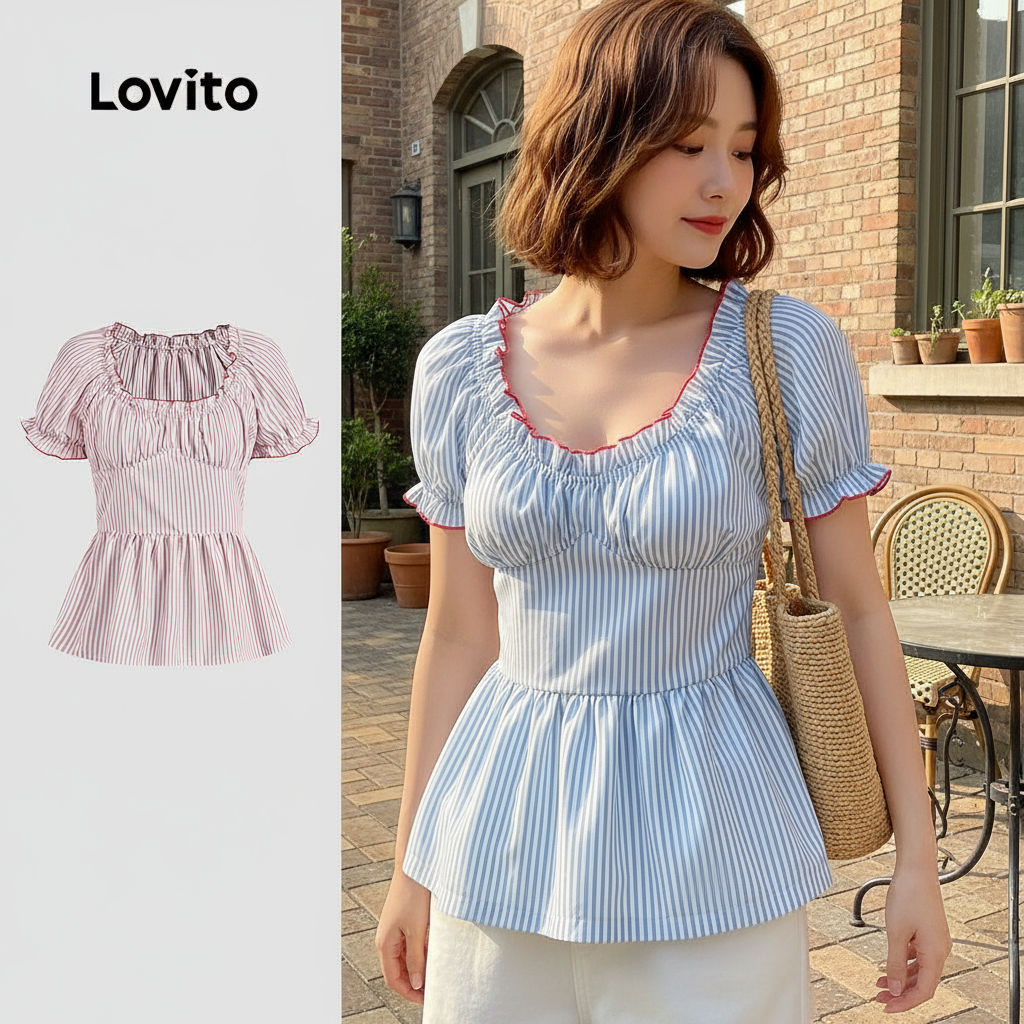 Lovito เสื้อผู้หญิงลายจีบคมชัด ผูกพันสม็อค สไตล์น่ารักสําหรับฤดูร้อน/ฤดูใบไม้ผลิ L125AD492\6