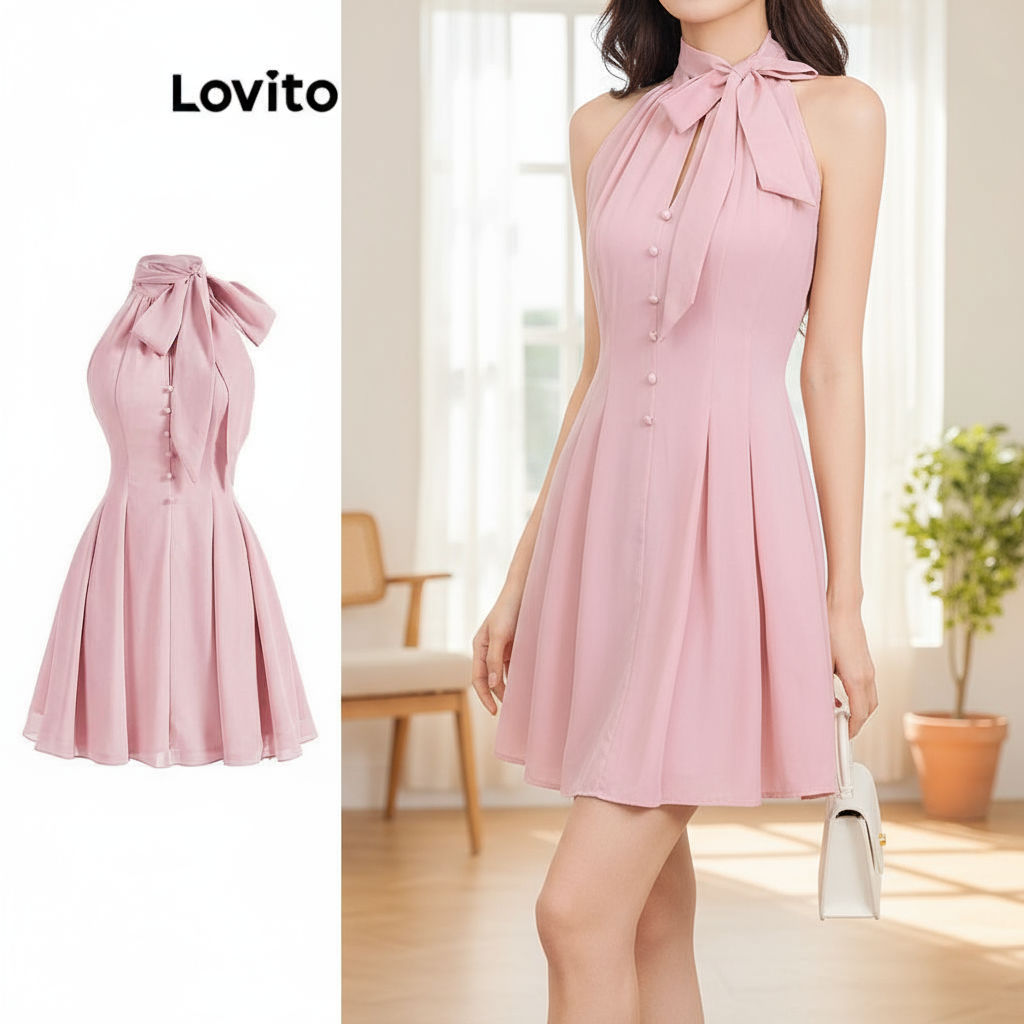 Lovito ชุดเดรสผู้หญิงทรงสง่างาม คอปกผูก กระดุมหน้า รัฟเฟิล ดีไซน์เรียบหรู รหัส L109MD529\5