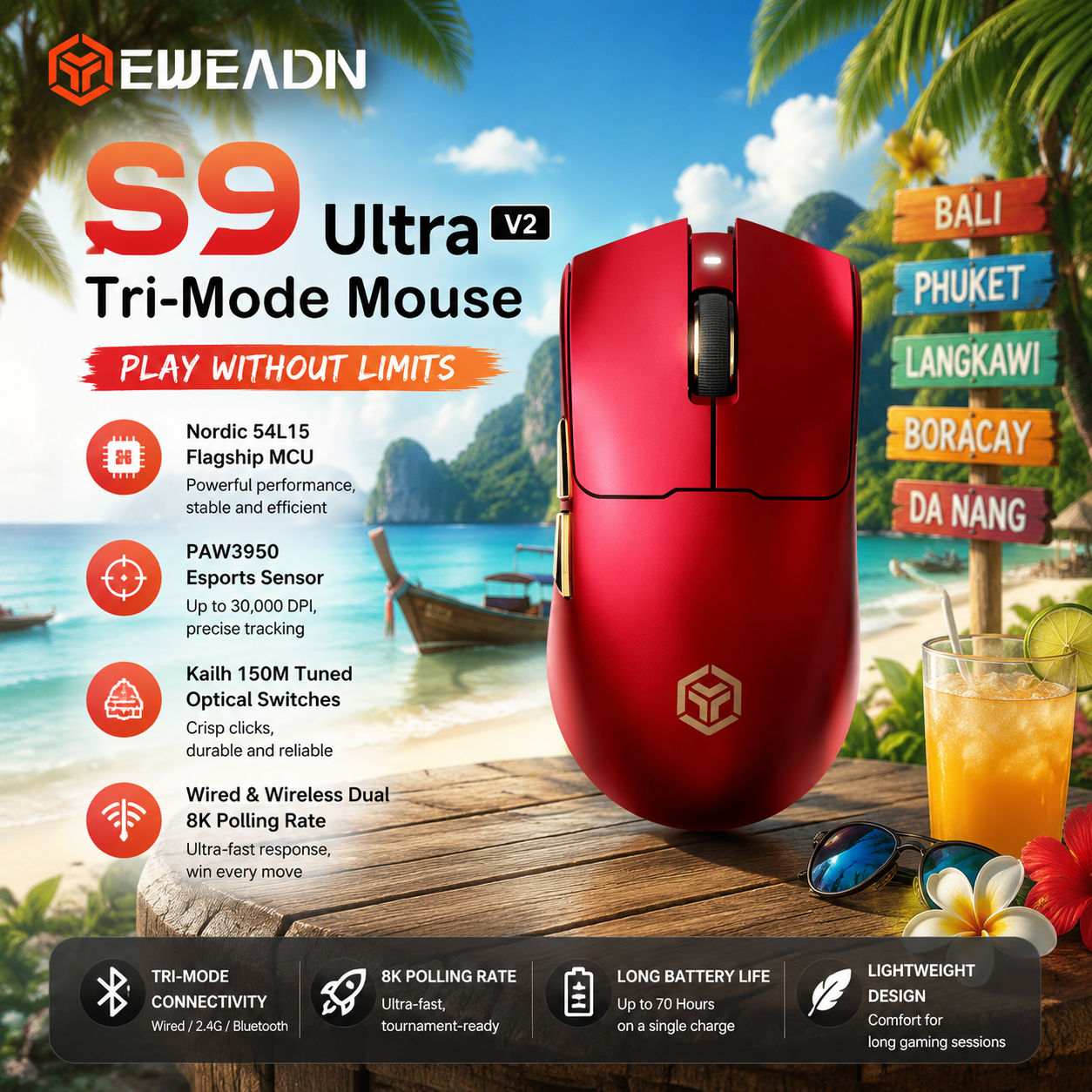 เมาส์เกมมิ่งไร้สาย EWEADN S9 Ultra V2 โหมดสามแบบ บลูทูธ 2.4G เซ็นเซอร์ความละเอียดสูง น้ําหนักเบา ออก