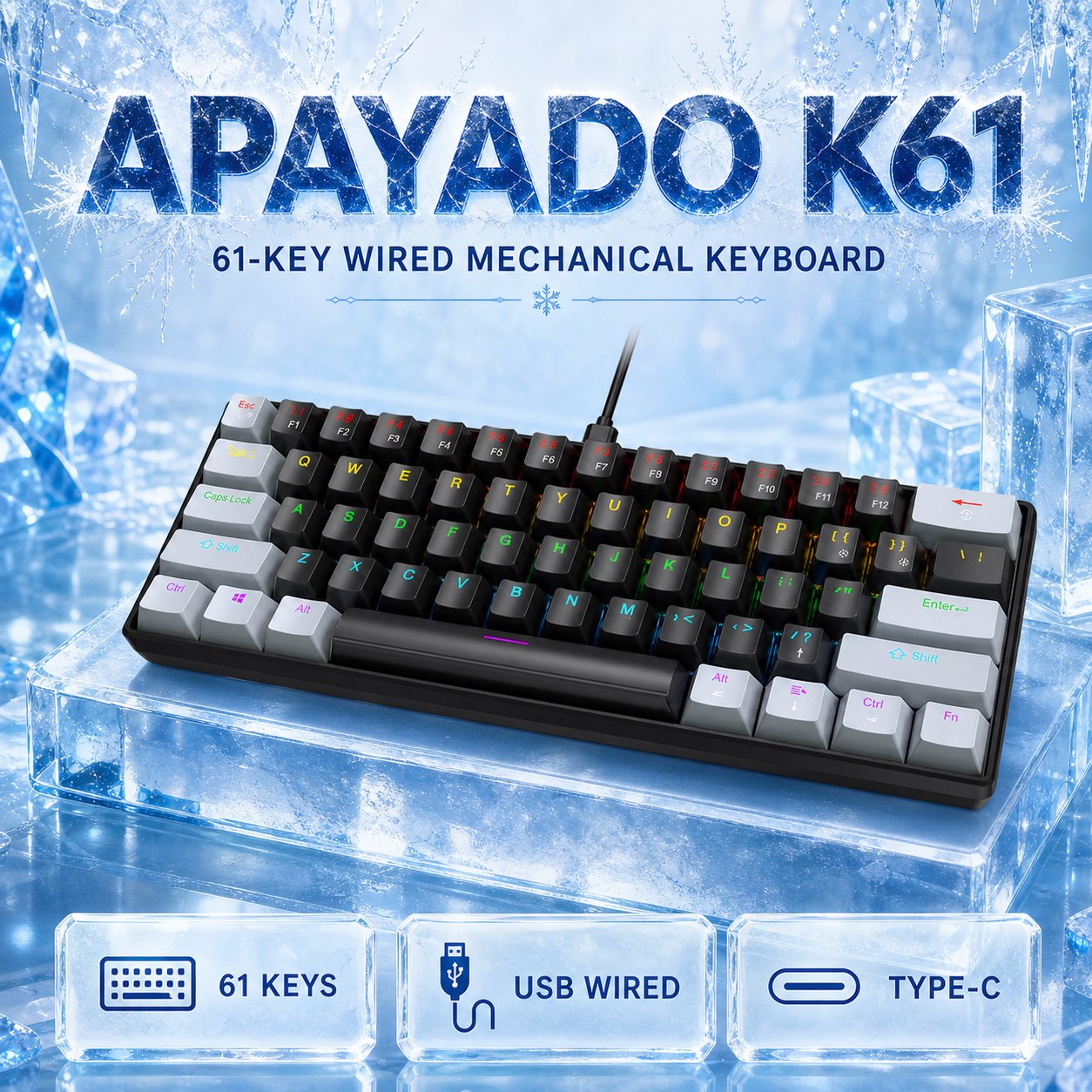 คีย์บอร์ดแมคคานิคอลขนาดเล็กมีสาย APAYADO K61 แบบ 61 ปุ่ม ขนาดเล็กกะทัดรัด พอร์ต Type-C สวิตช์คู่ น้ํ