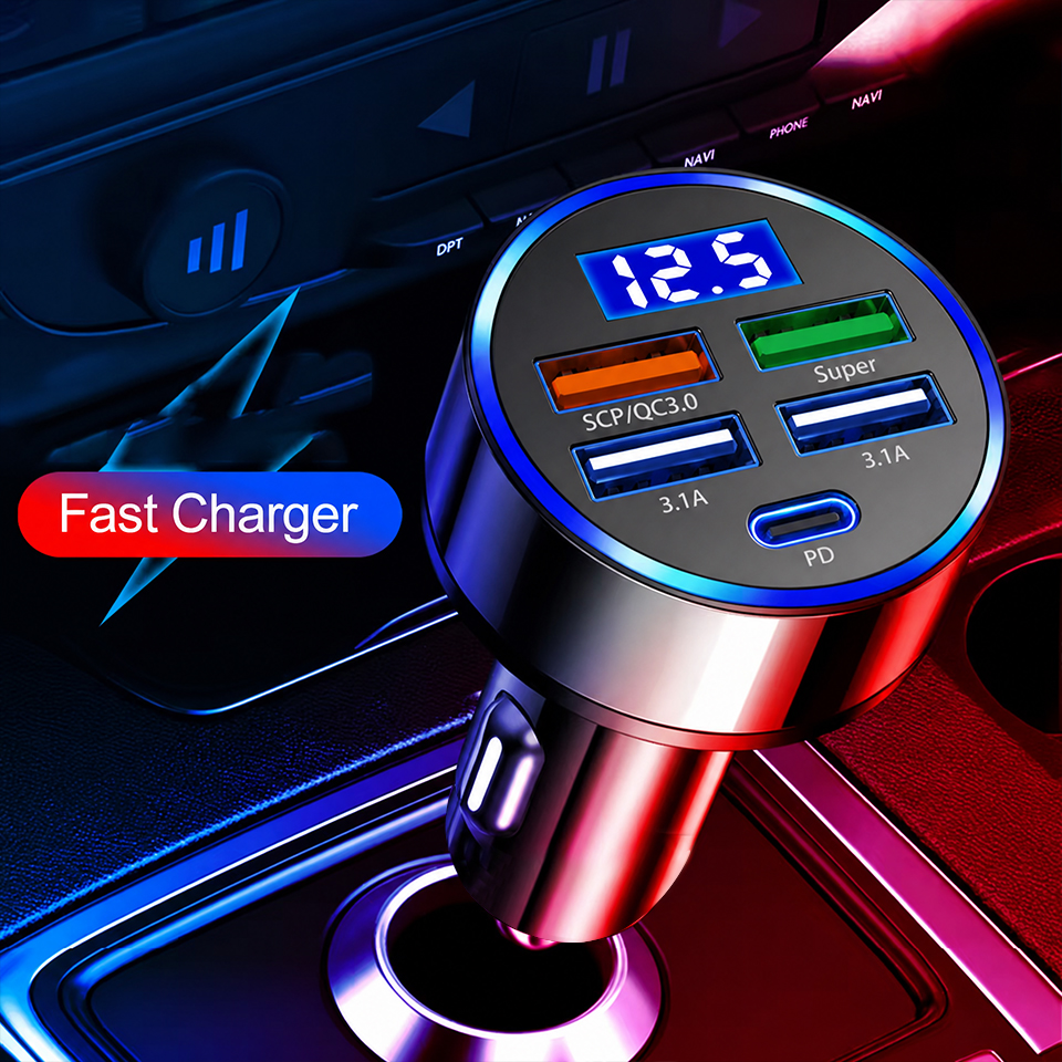 5 พอร์ต Car Charger Fast Charging PD QC3.0 USB C รถชาร์จโทรศัพท์ Type C อะแดปเตอร์ในรถยนต์สําหรับ iPhone Samsung Huawei Xiaomi
