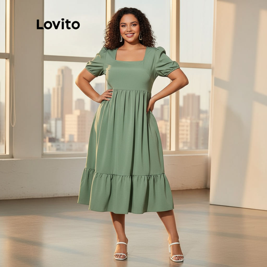 (trendy3)Lovito Plus Size Curve เดรสแขนพอง คอเหลลี่ยม แต่งซิป สีพื้น พลัสไซซ์ สไตล์ลำลอง สำหรับผู้หญ