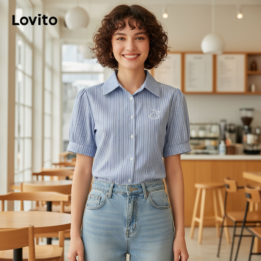 Lovito เสื้อเชิ้ตผู้หญิงแขนพองลายปักติดกระดุมด้านหน้า สีฟ้า รุ่น L58AD035