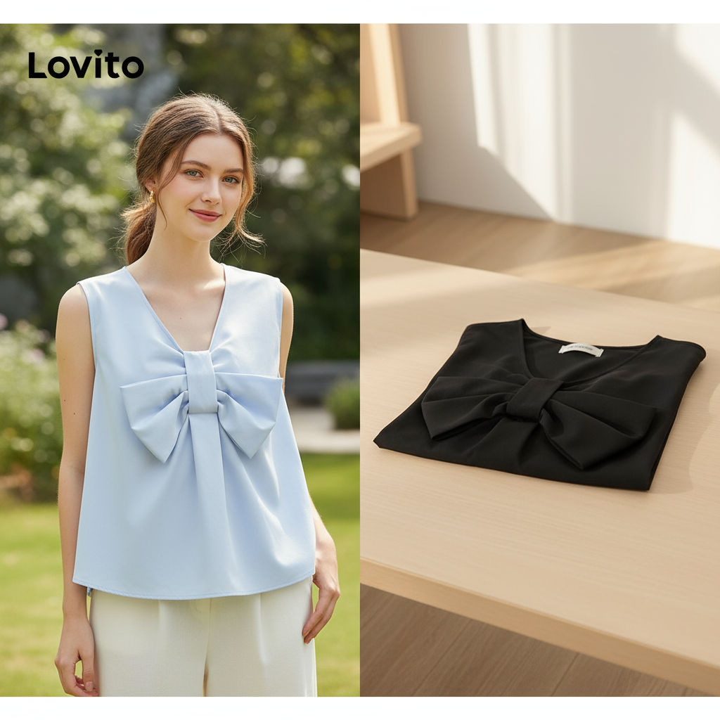 (trendy6)Lovito เสื้อกล้ามลําลองเสื้อกล้ามหลังโบว์ธรรมดาสําหรับผู้หญิง L95ED084