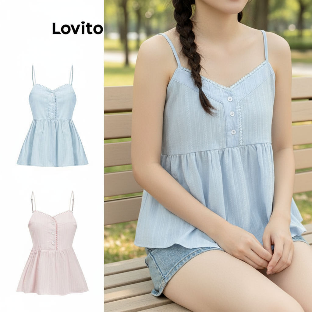 Lovito เสื้อกล้ามน่ารัก เสื้อกล้ามกระดุมคอระบายธรรมดาสําหรับผู้หญิง L79AD025 (หลากสี)\4