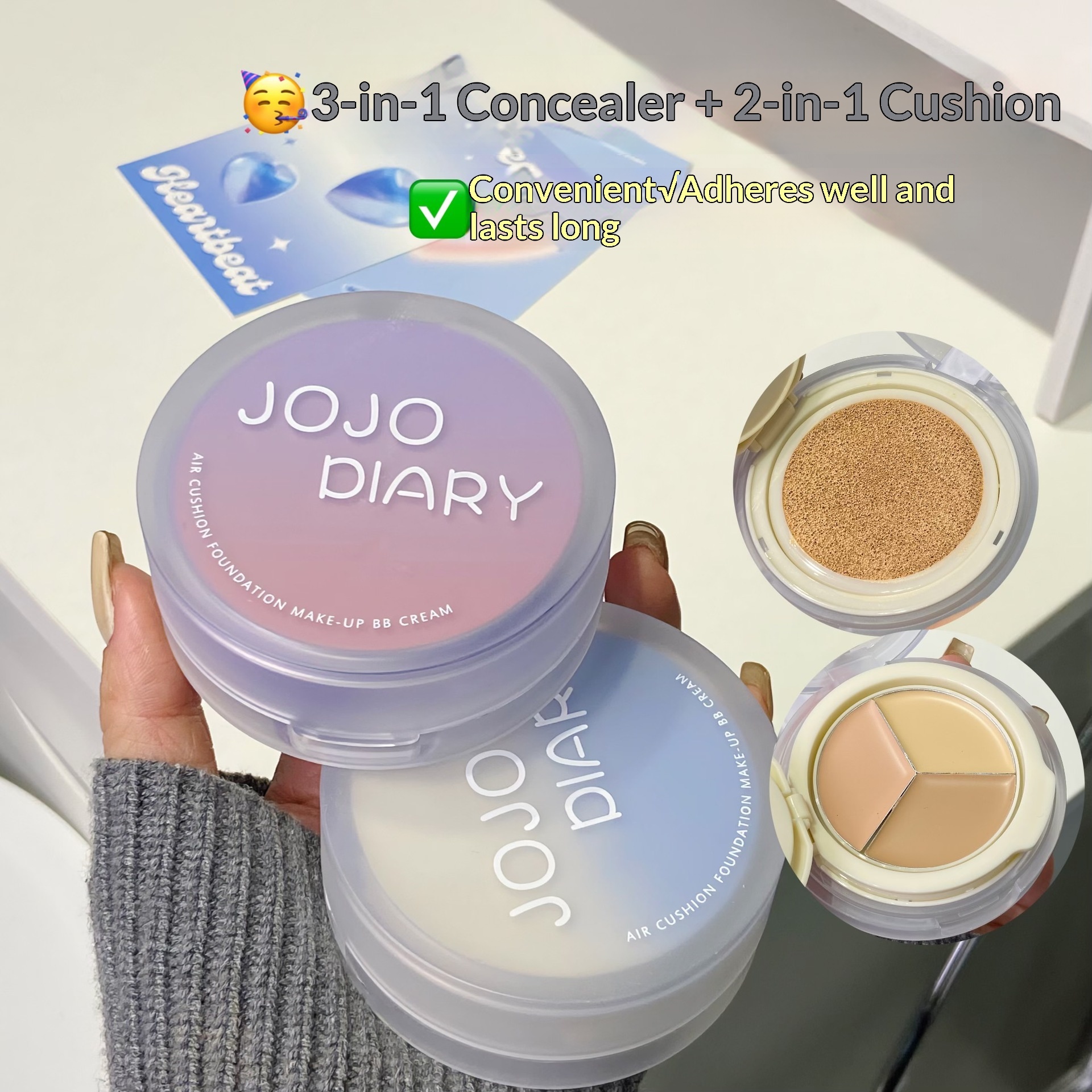 JOJO Daily Dual-Use Cushion Palette - คอมโบคอนซีลเลอร์ 3 สี, ครีมปรับธรรมชาติ, รองพื้นและคอนซีลเลอร์