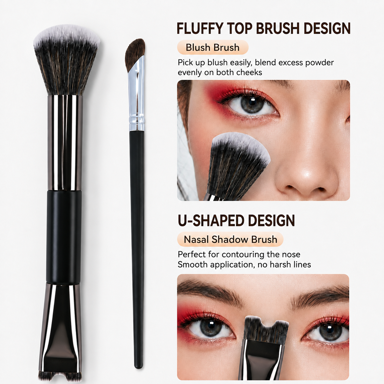 Dual-Ended Blush Nose Contour Brush 2-In-1, U-Shaped Shading Smooth Natural Definition Tool