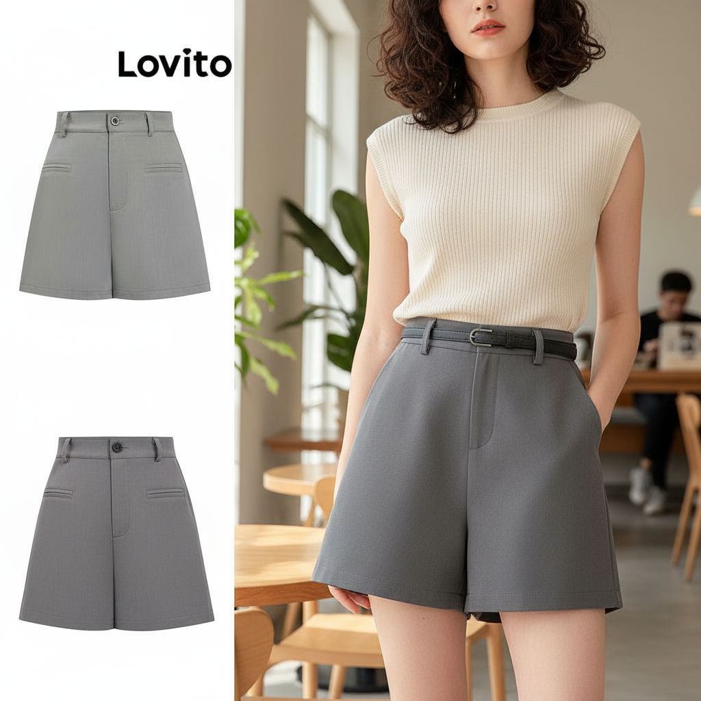 trendy4-Lovito กางเกงขาสั้นลําลอง กางเกงขาสั้นกระเป๋าปลอมจีบธรรมดาสําหรับผู้หญิง LNE57601