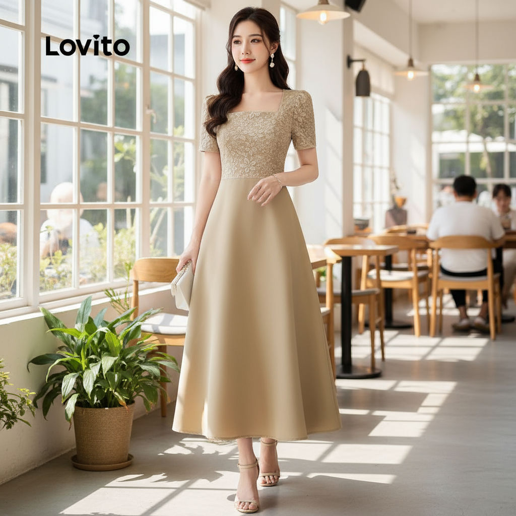 Lovito เดรสผู้หญิง 2in1 สีกรมท่า สไตล์หรู สําหรับปาร์ตี้คริสต์มาส รุ่น L150AD933