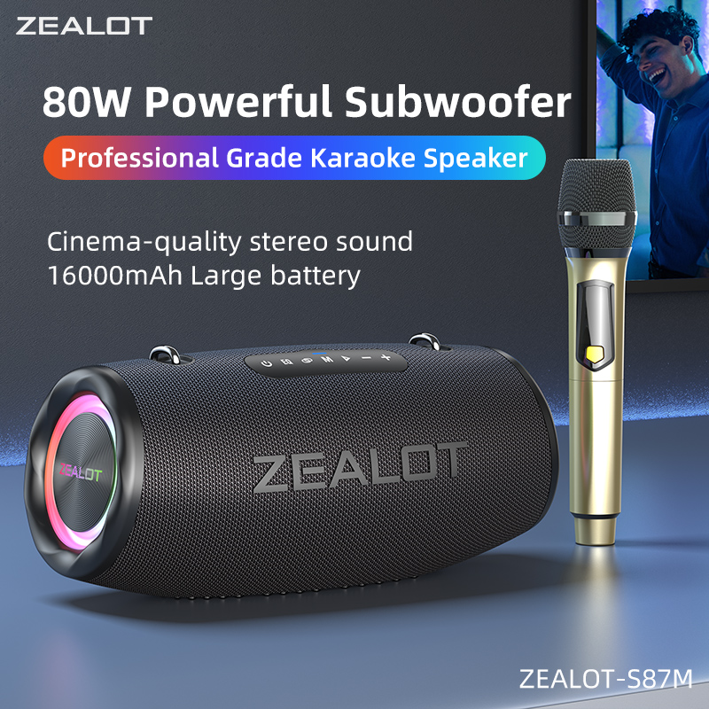 ลําโพงบลูทูธ ZEALOT S87M พร้อมไมโครโฟนไร้สายคู่ ชาร์จเร็ว Type-C สําหรับปาร์ตี้กลางแจ้ง เบสลึก 80W