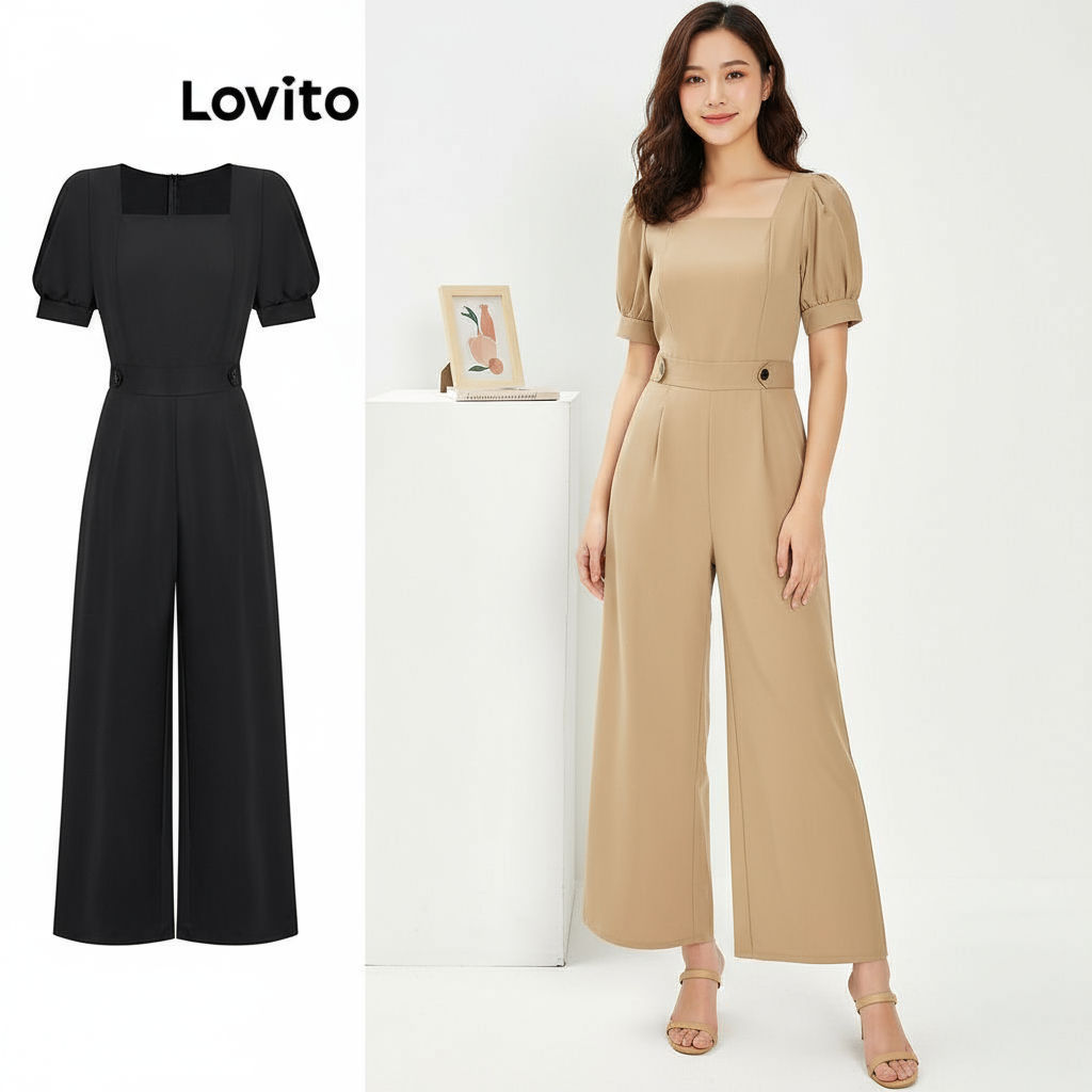 (trendy2)Lovito ชุดจั๊มสูทลําลองชุดจั๊มสูทพื้นฐานธรรมดาสําหรับผู้หญิง L68ED209 (หลากสี)