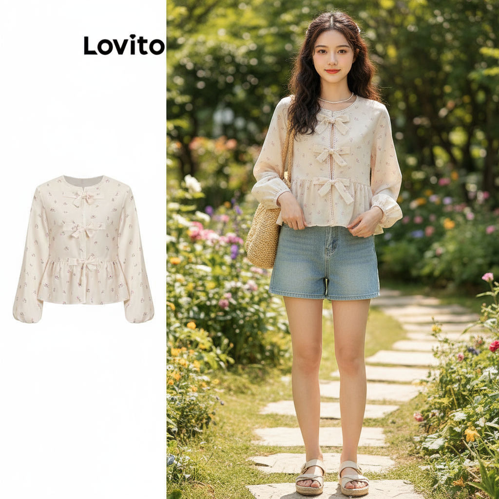 (trendy4)Lovito เสื้อเบลาส์ลูกไม้  ผูกเชือกด้านหน้า ลายดอกไม้  สไตล์น่ารัก L106AD869