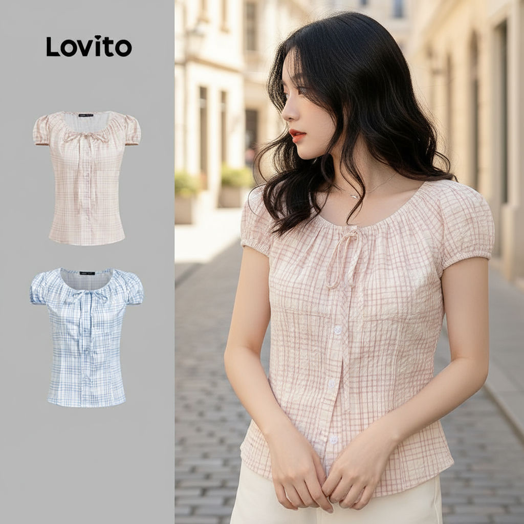 Lovito Women's Summer Blouse, Casual Spring Top with Drawstring Ruched Details, Ideal for Christmas 