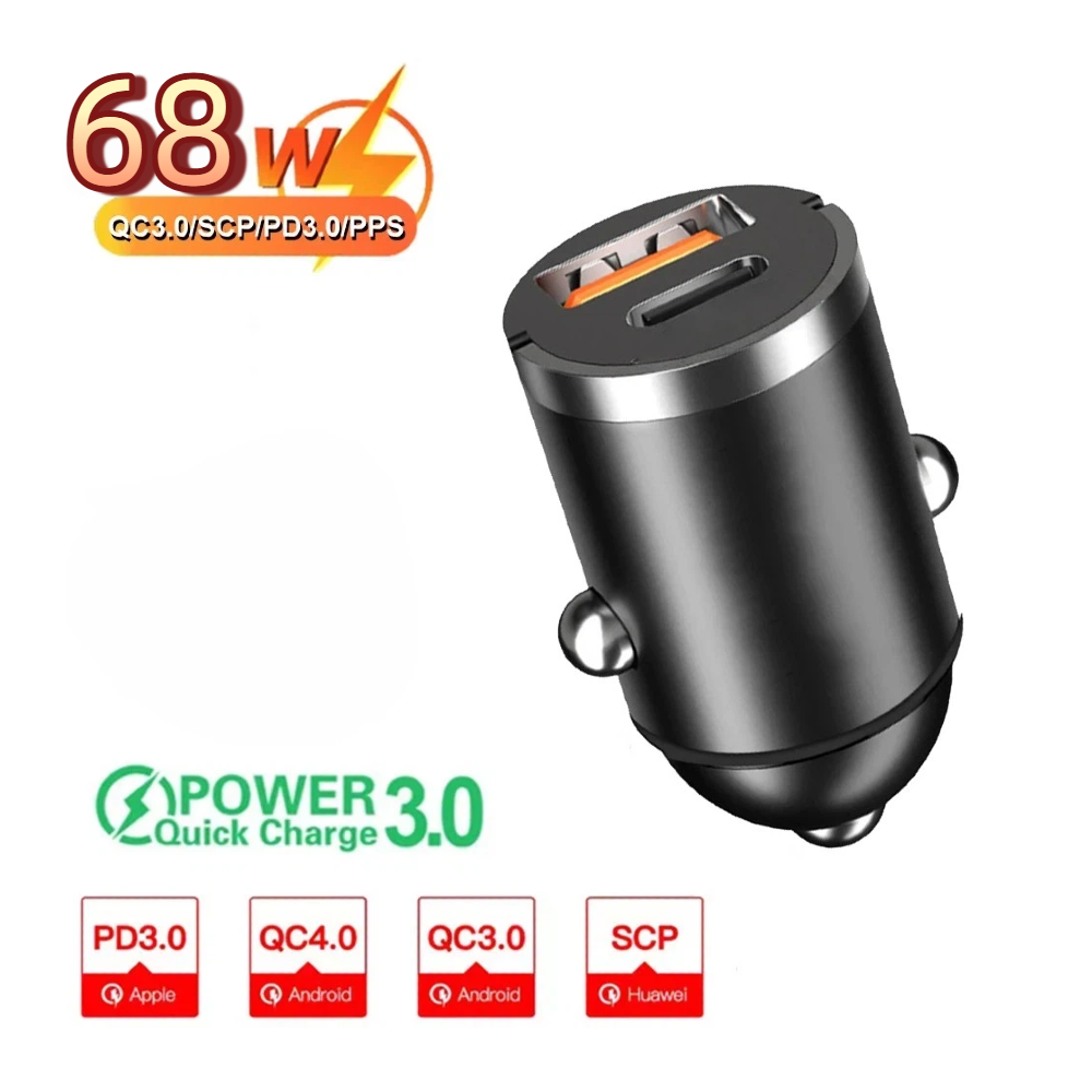 Mini Dual Ports 68W USB Car Charger Fast Charging Type-C Phone Adapter สําหรับ iPhone Samsung