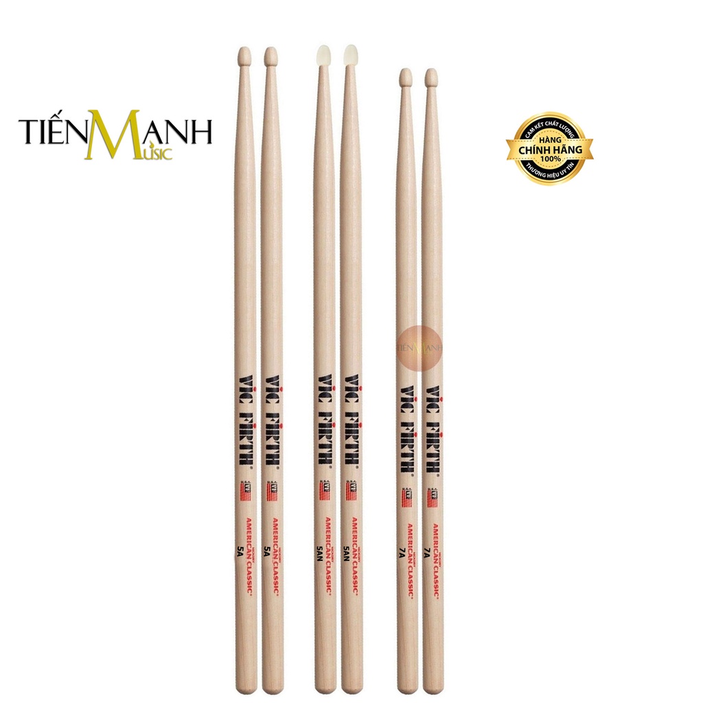Vic Firth American Classic Hickory Drumsticks - 5A/7A/5AN/7AN พร้อมปลายไนลอน, ไม้ตีกลองไม้แท้สําหรับ