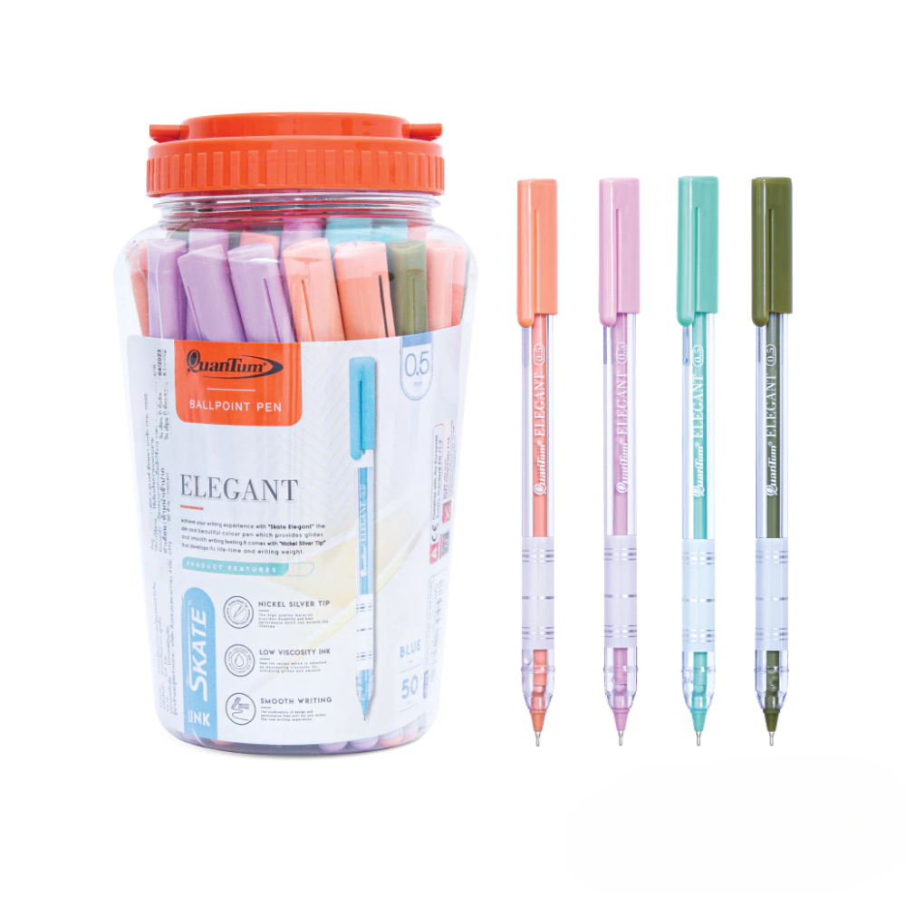 Quantum ปากกาลูกลื่น สเก็ต Elegant 0.5 มม. หมึกน้ำเงิน ด้ามปากกาคละสี จำนวน 50 ด้าม