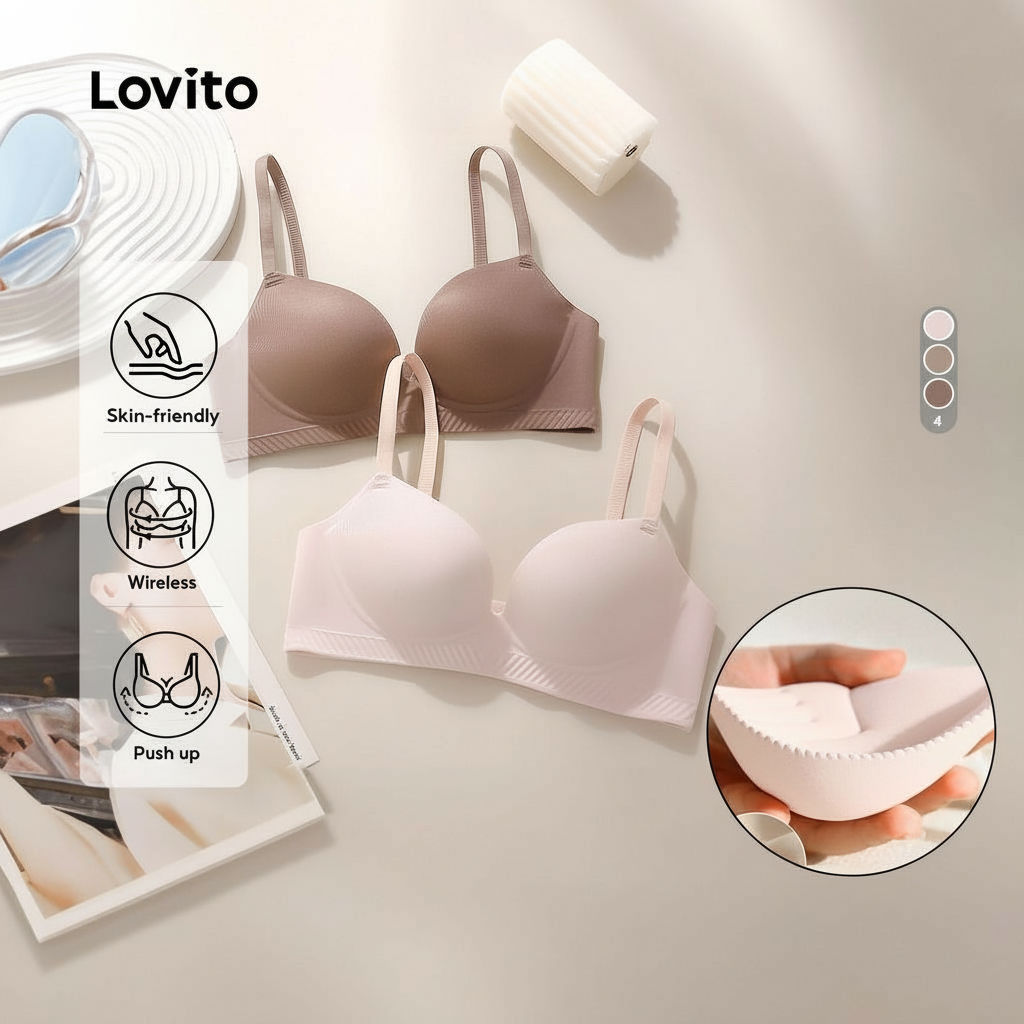 Lovito แคชชวล บราเสริมฟองน้ํา 3D เสริมฐานอก ผ้าคอตตอนไร้โครง สําหรับผู้หญิง LNE121160