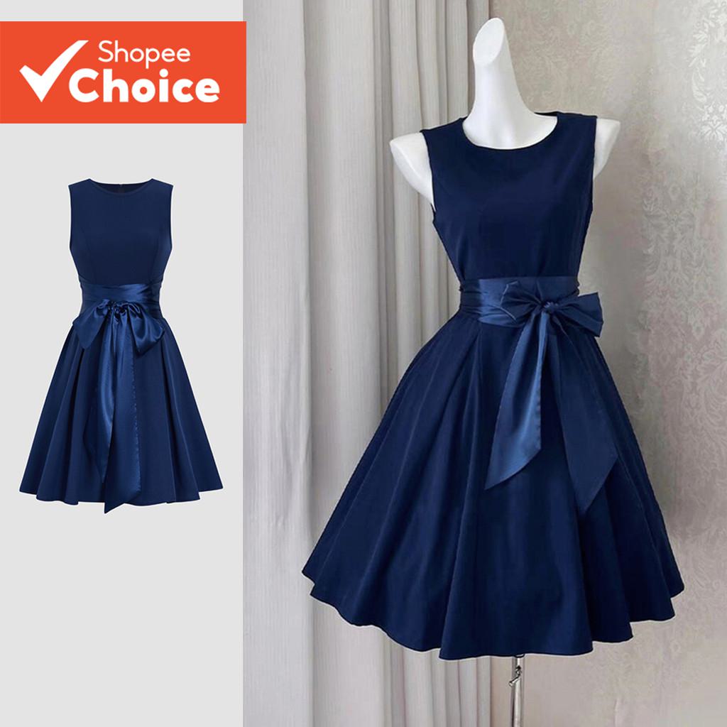 เดรสสีน้ําเงินเข้มสไตล์หรูสําหรับผู้หญิง Lovito ตัดต่อผ้าเทปฤดูใบไม้ผลิ/ฤดูร้อน รุ่น L155AD289