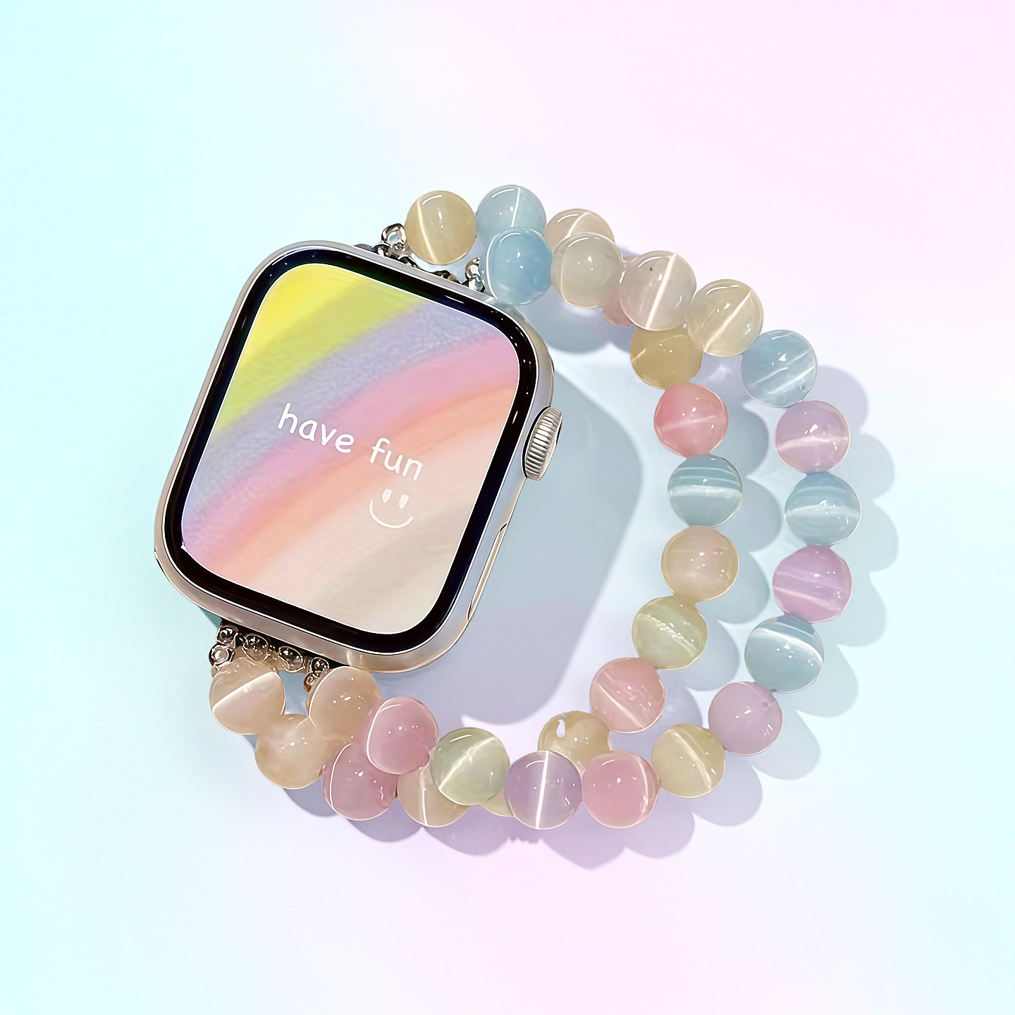 สายรัดข้อมือลูกปัดสีพาสเทลน่ารักสไตล์โบฮีเมียนเข้ากันได้กับสาย Apple Watch สายสมาร์ทวอทช์ ขนาด 38/40