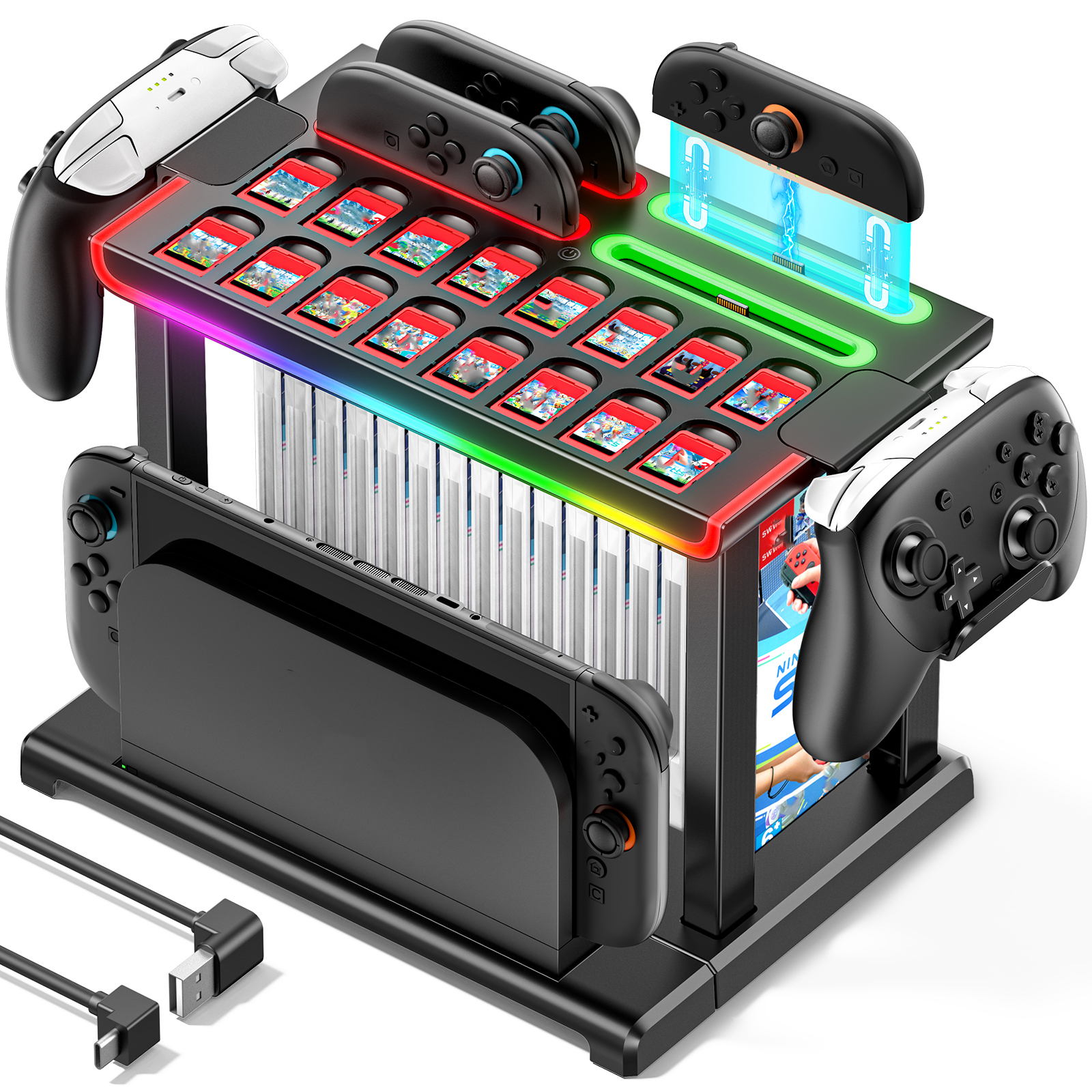สถานีจัดงานเกมพร้อมแท่นชาร์จคอนโทรลเลอร์สําหรับ Nintendo Switch1 / OLED / 2, ทาวเวอร์เก็บการ์ดเกม, ฐานโทรทัศน์, คอนโทรลเลอร์โปร, อุปกรณ์เสริมสําหรับจอยคอน Switch
