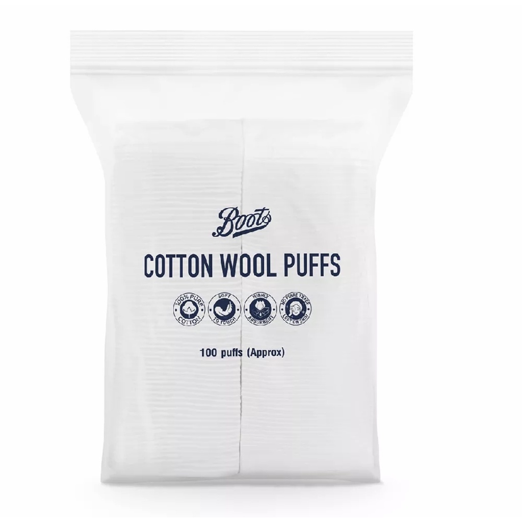 สำลีเช็ดหน้า Boots Cotton Wool Puffs สำลีแผ่นรีดขอบ 100% Pure Cotton 100 แผ่น สำหรับเช็ดเครื่องสำอาง